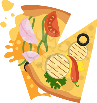 Slice of veggie and slice of ham pizza illustration vector on white background