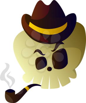 Cartoon skull with brown hat and pipe vector illustartion on white background