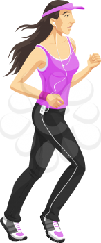 Woman doing exercise or joggin in a purple shirt while listening to music, vector illustration