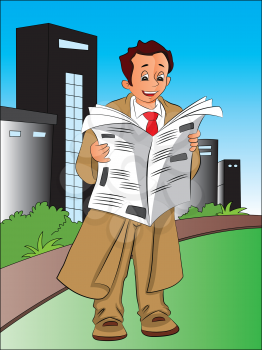 Vector illustration of businessman reading newspapers in front of city buildings.