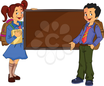 Children Standing Beside a Chalk Board, vector illustration