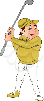 Vector illustration of an obese sportsman holding golf club, isolated on white background.