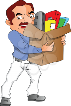 Vector illustration of man carrying a carton box full of office supplies.