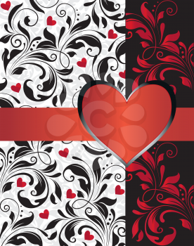 Vintage Valentine card with ornate elegant abstract floral design, red and black flowers with hearts and ribbon. Vector illustration.
