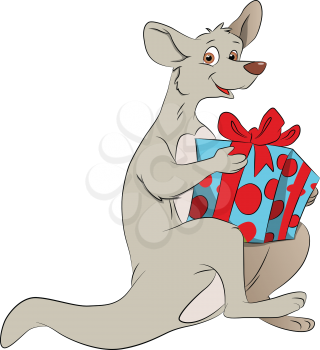 Vector illustration of a happy kangaroo holding a giftbox.