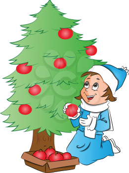 Vector illustration of happy young woman decorating Christmas tree with red baubles.