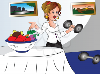 Vector illustration of woman holding dumbbells and pointing at fruit in bowl.