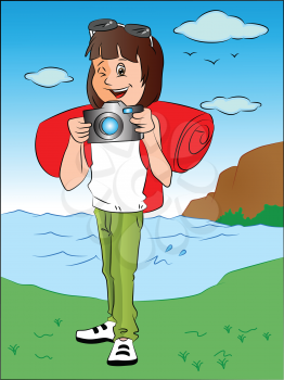 Vector illustration of happy teenage girl taking pictures with digital camera.