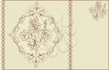 Vintage invitation card with ornate elegant abstract floral grapes design, brown on gray. Vector illustration.