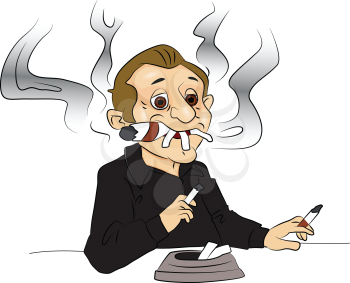 Vector illustration of man smoking cigarettes and citar, ash tray in foreground.