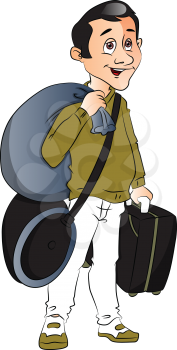 Vector of happy young man carrying luggage.