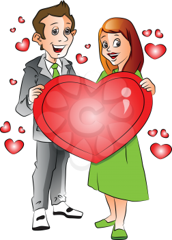 Vector illustration of cheerful young couple with red heart shape symbol.