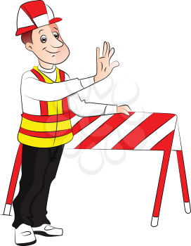 Vector illustration of engineer giving stop gesture next to a construction barrier.