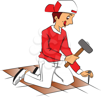Vector illustration of repairman hammering nail to remove tiled floor.