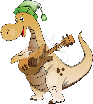 Vector illustration of dinosaur wearing santa hat and playing guitar.
