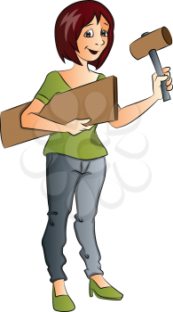 Vector of female construction worker holding hammer and wooden plank.