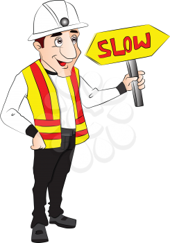 Vector illustration of happy construction worker holding slow sign.