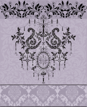Vintage invitation card with ornate elegant abstract floral design, black on purple. Vector illustration.
