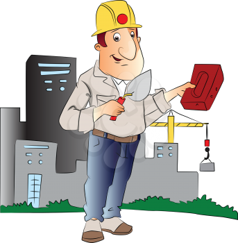 Vector illustration of construction worker with trowel and brick in front of a building.