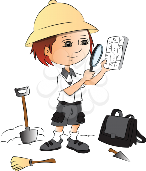 Vector illustration of boy using magnifying glass at construction site.