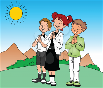 Vector illustration of cute boys and girl praying before sun.