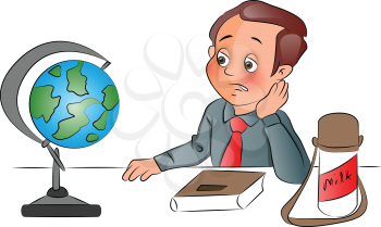 Vector illustration of businessman looking at globe on office desk.
