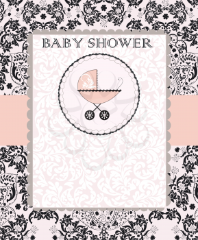 Vintage baby shower invitation card with ornate elegant abstract floral design, black on pink with baby carriage on cake. Vector illustration.
