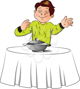 Vector illustration of pleased boy smelling the food in bowl over table..