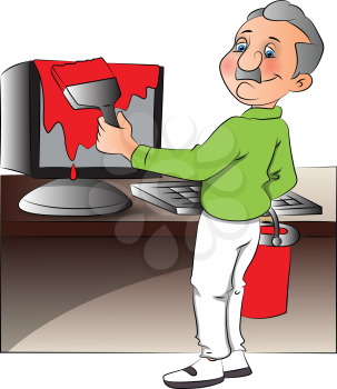 Vector illustration of a man painting computer.