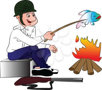 Vector illustration of happy hunter cooking fish on bonfire.