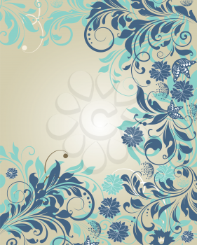 Vintage invitation card with ornate elegant retro abstract floral design, azure and light blue flowers on gray. Vector illustration.