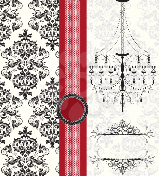 Vintage invitation card with ornate elegant abstract floral design, black and gray on white with chandelier and red ribbon. Vector illustration.
