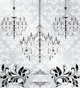 Vintage invitation card with ornate elegant abstract floral design, black and white on gray with chandeliers. Vector illustration.