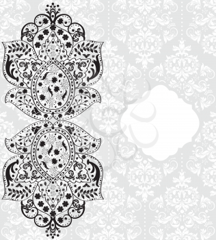 Vintage invitation card with ornate elegant abstract floral design, black on gray and white. Vector illustration.