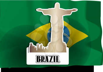 Brazil, Brazilian Flag, Silhouette of City and Christ the Redeemer Statue, vector illustration