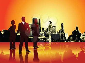 A team of professional businessman and businesswoman in front of a raising sun over a city, in silhouette. Orange and red warm sky.