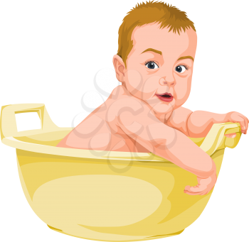 Vector illustration of naked baby boy in bathtub.