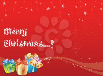 Merry Christmas in red background with presents, bell, and snowflakes or stars, vector illustration