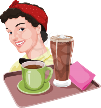 Vector illustration of waitress holding coffee and milkshake on tray.