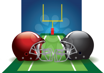 Football, field with two helmets, red and black, vector illustration