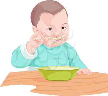 Vector illustration of boy eating food with spoon.