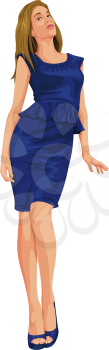 Vector illustration of attractive young woman in blue dress.