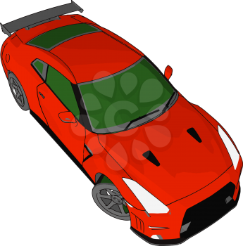 Red race car with green windows and black detailes and grey rear spoiler vector illustration on white background