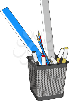 Wire pen cup with rulers and several pens and penciles vector illustration on white background