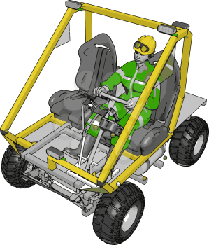 3D vector illustration of a worker driving yellow industrial transportation vehicle on a white background