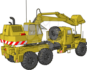 3D vector illustration of yellow big excavator machine on white background