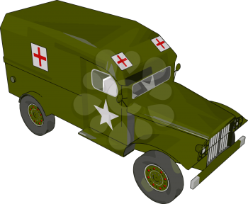 3D vector illustration on a white background of a green military medical vehicle
