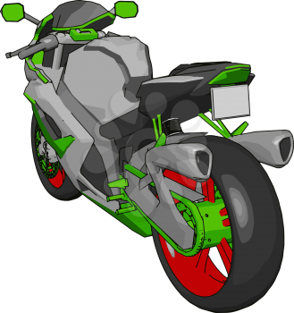 3D vector illustration on white background of a grey red and green motorcycle