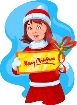 Merry Christmas greeting, young woman dressed as a Santa, holding a sign with ribbon, vector illustration