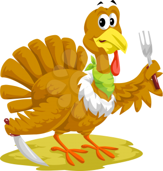 Thanksgiving Turkey, holding a knife and fork, vector illustration